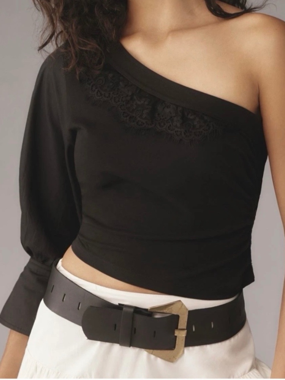 Anthropologie One Shoulder Puff Sleeve Top w/ Lace Detailing, Black – Size M